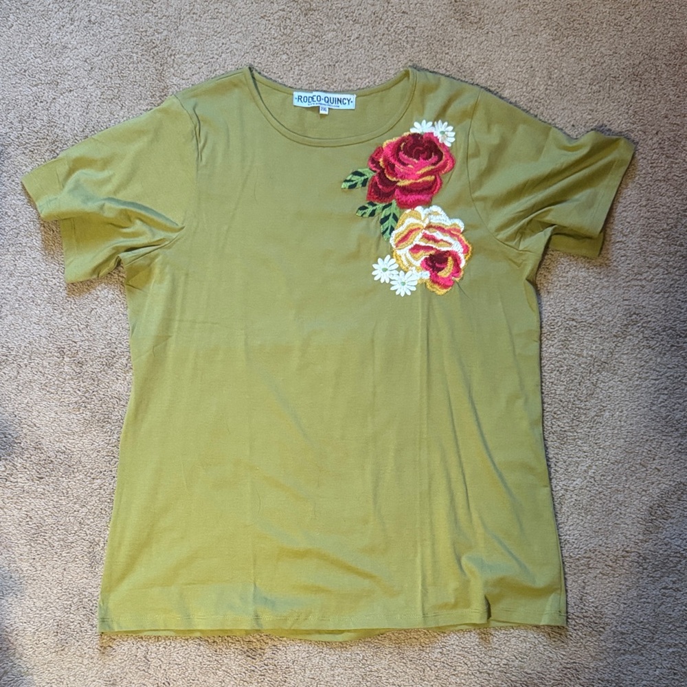 Rocco + Quincy Olive Green Short Sleeve Tee with Floral Embroidery